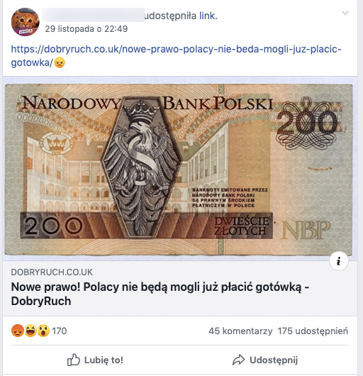 Link na Facebooku o tytule: Nowe prawo. Polacy nie będą już mogli płacić gotówką