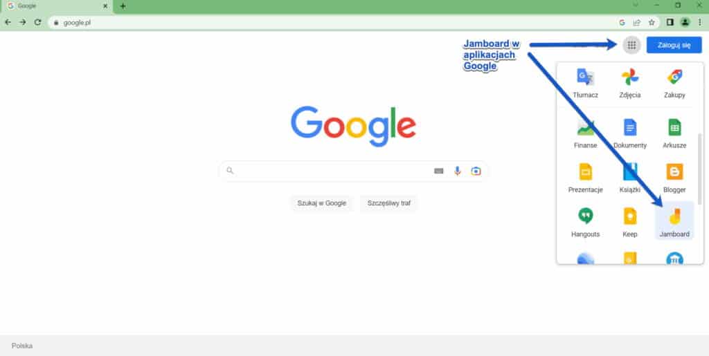 Zrzut ekranu z konta Google. Wskazane 9 kropek w prawym górnym rogu do uruchmienia aplikacji Jamboard