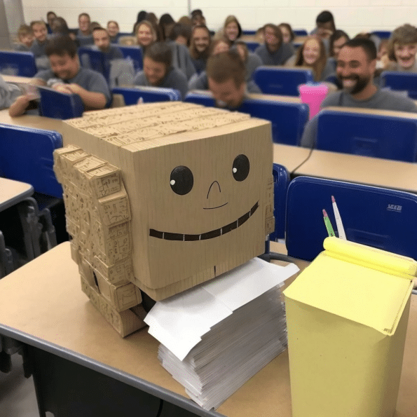 Korzyści z wykorzystania sztucznej inteligencji (AI) w edukacji. Robot w sali pełnej studentów i studentek sprawdza testy.