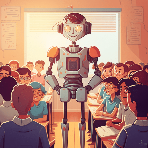 Sztuczna inteligencja a etyka. Uśmiechnięty robot rozmawia z ludźmi w sali.