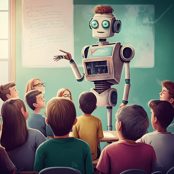 Sztuczna inteligencja a nauczyciele i edukatorzy. Razem, czy przeciwko sobie? Miły i uśmiechnięty robot tłumaczy młodzieży coś w klasie. 