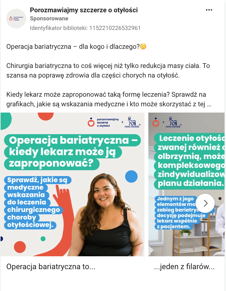 Przykład reklamy karuzelowej – kampania społeczna „Porozmawiajmy szczerze o otyłości”; źródło: facebook.com/ads/library 