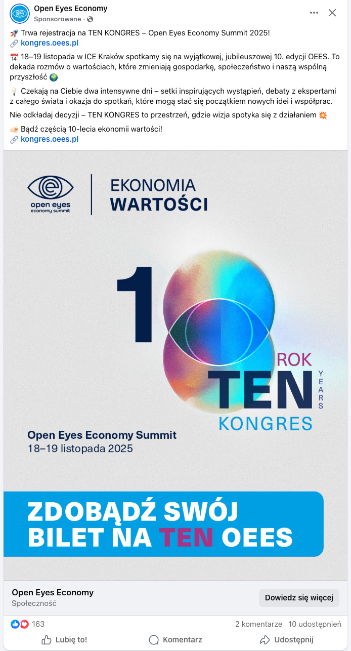 Przykład płatnej kampanii Open Eyes Economy – kongresu organizowanego przez Fundację Gospodarki i Administracji Publicznej; źródło: facebook.com