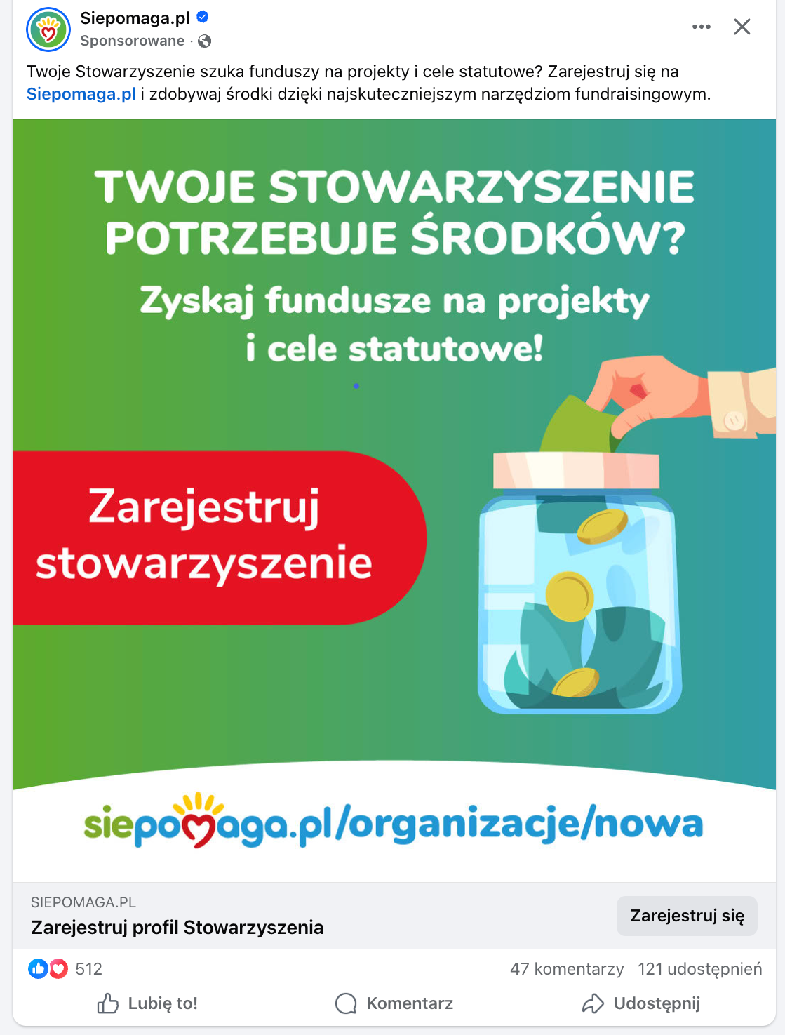 Przykład płatnej kampanii Fundacji Siepomaga, kierującej ruch na stronę rejestracji; źródło: facebook.com