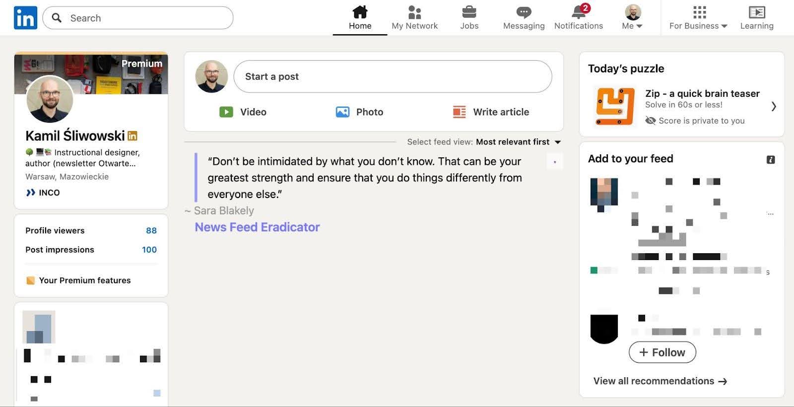 News Feed Eradicator w akcji, nadal możesz skorzystać ze wszystkich funkcji danego medium społecznościowego, ale nie widzisz feed-u i wpisów.