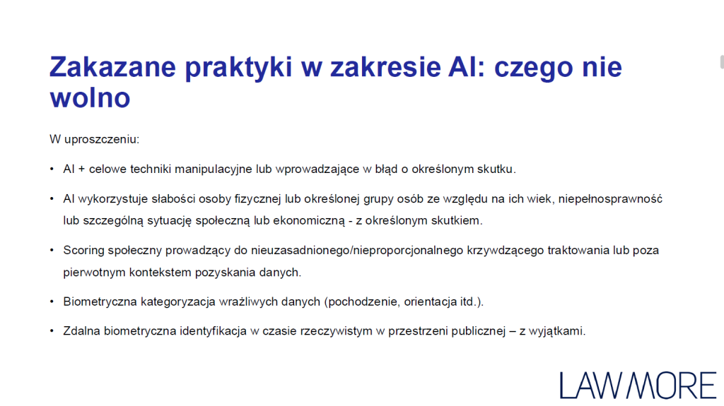 Oś czasu dotycząca wprowadzania AI Act. Slajd z prezentacji Aleksandry Maciejewicz.
